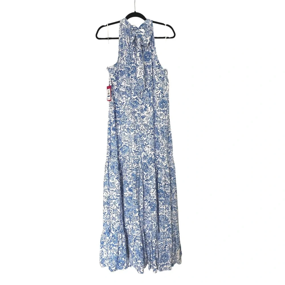 Vince Camuto Blue White Floral Halter Maxi Dress Tiered Sleeveless Gown NWT - Picture 2 of 2